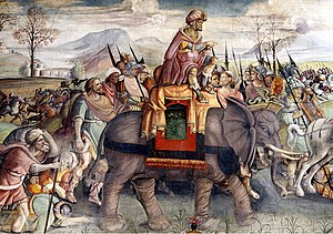 Gerai žinomas Hanibalo žygdarbis, kai jis su kariniais drambliais perėjo Alpes, tapo Europos legenda: freskos detalė, apie 1510 m., Kapitolijaus muziejai, Roma.