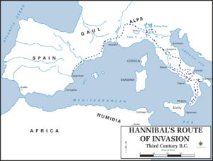 Hanibalo invazijos maršrutas, kurį maloniai suteikė JAV karo akademijos Istorijos katedra