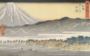 Ansicht des Berges Fuji, Teil der dreiundfünfzig Stationen der Serie Tōkaidō von Hiroshige, veröffentlicht 1850