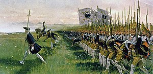 Infantería prusiana atacando en filas durante la batalla de Hohenfriedberg