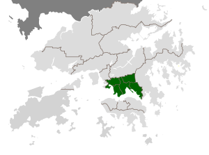 Dies ist eine Karte von Hongkong. Der grüne Teil ist Kowloon.
