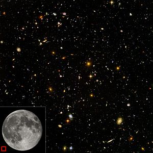 Gözlemlenebilir evrenin bir bölgesinin Hubble Ultra Derin Alan görüntüsü (eşdeğer gökyüzü alanı boyutu sol alt köşede gösterilmiştir). Her bir nokta milyarlarca yıldızdan oluşan bir galaksidir. En küçük, en kırmızıya kaymış galaksilerden gelen ışık yaklaşık 14 milyar yıl önce ortaya çıkmıştır