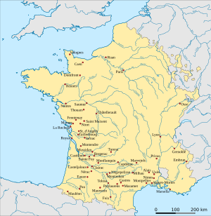 Cities with Reformed populations within France around the year 1685 (note: Spanish-language map). The city of La Rochelle was the leading Huguenot stronghold in France until the defeat of 1629. After that, all places de sûreté without exception had to demolish their fortifications. .
