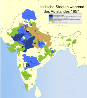 Karte des indischen Subkontinents Schwarz: aufständische Fürstenstaaten. Blau: Fürstenstaaten, die loyal zu den Briten blieben, in denen es aber zu militärischen Auseinandersetzungen mit aufständischen Truppen kam. Hellblau: Fürstenstaaten, die die britische Seite unterstützen. Ocker: britische Gebiete, die vom Aufstand betroffen waren. Grün: sich neutral verhaltende Staaten.