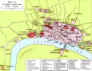London i 1300: det meste lå stadig inden for den gamle romerske bymur.
