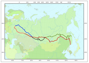 Trans-Siberische lijn in rood; Baikal Amur Mainline in groen.