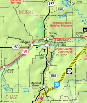 Mapa del KDOT de 2005 del condado de Chase (leyenda del mapa)