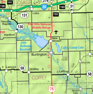 Mapa del KDOT de 2005 del condado de Coffey (leyenda del mapa)  