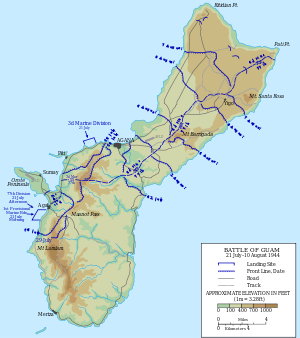 Mapa que muestra el progreso de la campaña de Guam.