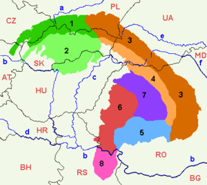 Mapa hlavného členenia Karpát. 1. Vonkajšie Západné Karpaty2. Vnútorné Západné Karpaty3 . Vonkajšie Východné Karpaty4 . Vnútorné Východné Karpaty5 . Južné Karpaty6 . Západné rumunské Karpaty7 . Transylvánska náhorná plošina8 . Srbské Karpaty