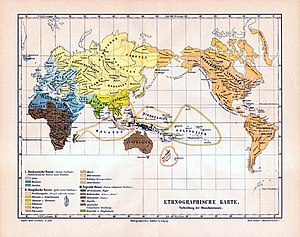 Den fjärde upplagan av Meyers Konversationslexikon (Leipzig, 1885-1890) visar att den kaukasiska rasen (i blått) består av arier, semiter och hamiter. Arierna delas vidare upp i europeiska arier och indoarier. De människor som kallas "indoarier" på denna karta från 1890 är idag kända som indo-iranier, och ordet "indoarisk" används idag endast för de indo-iranier som kommer från norra Indien.
