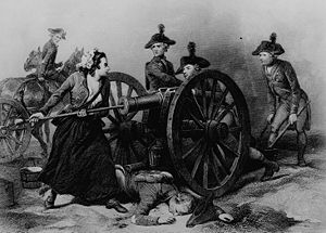 Molly Pitcher in der Schlacht von Monmouth, ein Stich von 1859. Sie spielte als Matrose für die Geschützbedienung.