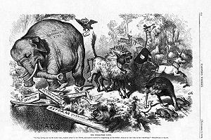 1874 m. "Harpers Weekly" karikatūra, kurioje pirmą kartą panaudotas dramblys kaip Respublikonų partijos simbolis.