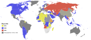 Kaart met de landen die de Olympische Zomerspelen van 1976 (geel), 1980 (blauw) en 1984 (rood) hebben overgeslagen.  