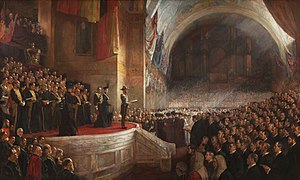 1901年5月9日，汤姆-罗伯茨绘制的澳大利亚第一届议会开幕画。澳大利亚自19世纪50年代开始实行民主制度。