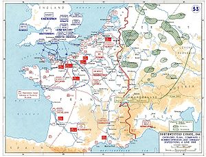 Plan zur Operation Overlord und zur begleitenden Bomberoffensive, mit den deutschen Stellungen am 6. Juni 1944