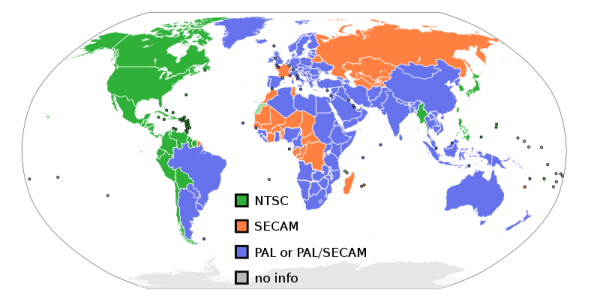 zöld - NTSC , kék - PAL, vagy PAL-ra váltás , narancssárga - SECAM , olajzöld - nincs információ