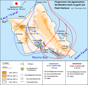 Karte von Oʻahu mit den japanischen Anflugrouten