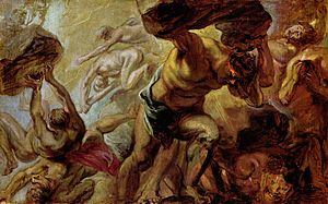 Die Titanen stürzen unter den von den Hekatonkheires geworfenen Felsbrocken ein ("Der Untergang der Titanen" von Peter Paul Rubens, 1637-1638)