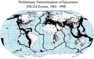 Globale jordskælvs epicentre, 1963-1998
