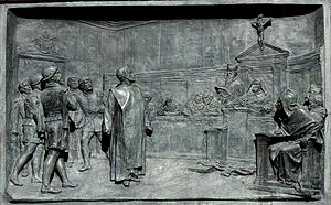 Der Prozess gegen Giordano Bruno durch die römische Inquisition. Bronzerelief von Ettore Ferrari