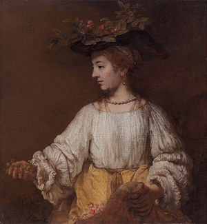 Dette maleri af Rembrandt viser, hvordan oliemaling kan bruges til at vise teksturer som kød, hår, stof, blade, frugt, guld og perler.