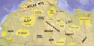 Mapa Sahary s vyznačením oblastí v Libyi.