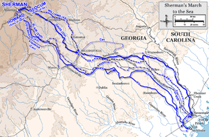 Campagne de la savane (carte montrant le parcours de la Marche de Sherman vers la mer).