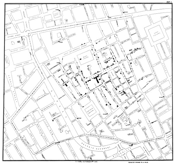 Mappa originale di John Snow che mostra dove vivevano le persone che si ammalarono di colera durante l'epidemia di Londra del 1854.