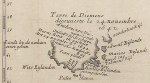 1663 m. Van Diemeno žemės žemėlapis, kuriame pažymėtos Tasmano matytos vietovės, įskaitant Audros įlanką, Marijos salą ir Šouteno salą.