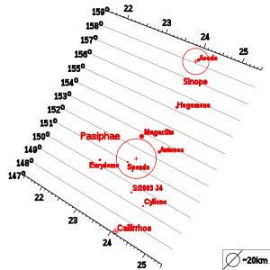 Ten diagram porównuje elementy orbitalne i względne rozmiary głównych członków grupy Pasiphaë. Oś pozioma ilustruje ich średnią odległość od Jowisza, oś pionowa ich inklinację orbitalną, a okręgi ich względne rozmiary.
