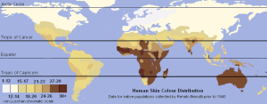 Harta distribuției culorii pielii umane în lume pentru populațiile indigene în 1940