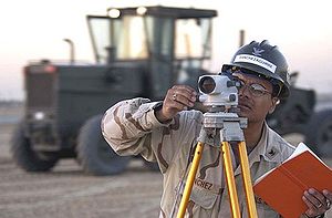 Agrimensor no trabalho com um instrumento de nivelamento.