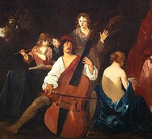 Violone eller stor basguitar. Maleri af Sir Peter Lely, ca. 1640, hollandskfødt engelsk maler fra baroktiden. Instrumentet er meget stort, ret italiensk i formen, og det har firkantede skuldre og moderne F-huller.