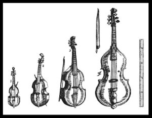 Tegning med forskellige størrelser af gamber, fra Michael Praetorius' Syntagma musicum (1618)