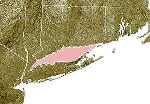 Long Island Sound è evidenziato in rosa tra il Connecticut (a nord) e Long Island (a sud)