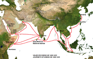 Die Reiseroute der Flotte von Zheng He.