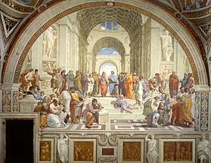 De School van Athene door Rafaël. Aristoteles (in het blauw afgebeeld in de middenboog) schreef dat de waarheid kan worden gevonden door middel van observatie en inductie. Dit was zijn wetenschappelijke methode.