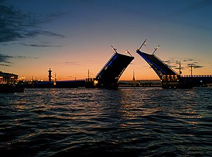 At night in St. Petersburg between 2 and 5 o'clock the Neva bridges are opened, whereupon there is no connection between numerous parts of the city. During the White Nights from late June to mid-July, the passage of the convoys of ships is a spectacle that thousands of people watch despite the time of night.