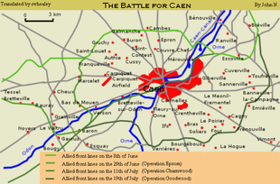 Mapa zobrazující operace v blízkosti Caen