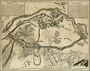 The relief of the city of NARVA and the Moscowiter great defeat the 20th-21st of the month of November, 1700 (dated according to the Swedish calendar); fortifications, troop movements, batteries of the battle of Narva drawn by Zacharias Wolf.