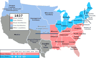 Med Arkansas' status som stat (1836) voksede antallet af slavestater til 13,men med Michigans status som stat (1837) blev antallet af slave- og frie stater lige stort.  