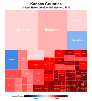 Treemap of the popular vote by county, eleição presidencial de 2016.