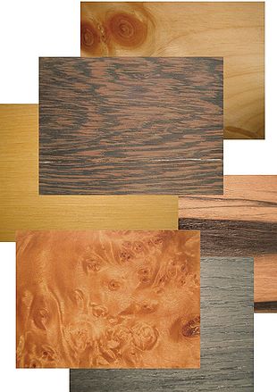 Various wood species, from top to bottom: Weymouth pine, wenge, ramin, macassar ebony, maple burl, bog oak.