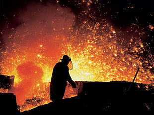 Pig iron tapping in the Třinecké železárny metallurgical plant in Třinec, Moravia