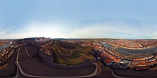 Aerial panorama with view of the fortress Marienberg, the city of Würzburg and the river Main Show as spherical panorama