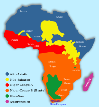 Un mapa que muestra las seis familias de lenguas tradicionales de África.