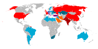 Nuclear powers in the Nuclear Non-Proliferation Treaty (China, France, Russia, UK, USA) Nuclear powers outside the NPT (India, North Korea, Pakistan) undeclared nuclear powers outside the NPT (Israel) suspected nuclear weapons program (Iran, Saudi Arabia) Nuclear sharing member states Former nuclear powers Nuclear weapons program abandoned