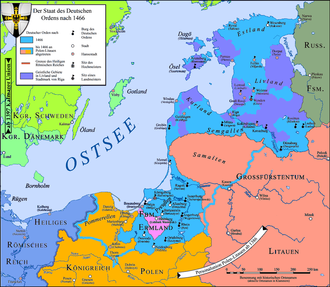 The Order's Prussia, which remained after the 2nd Peace of Thorn in 1466, as well as the Masterdom of Livonia; Warmia, shown in pink, had become part of Royal (Polish) Prussia, but had a special status within it with extensive autonomy.