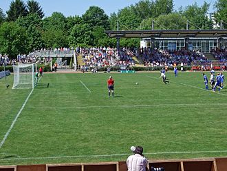Birgit Prinz in the 73rd minute taking the penalty kick for the 4:0 final score in the Bundesliga match Frankfurt - Potsdam, May 12, 2008